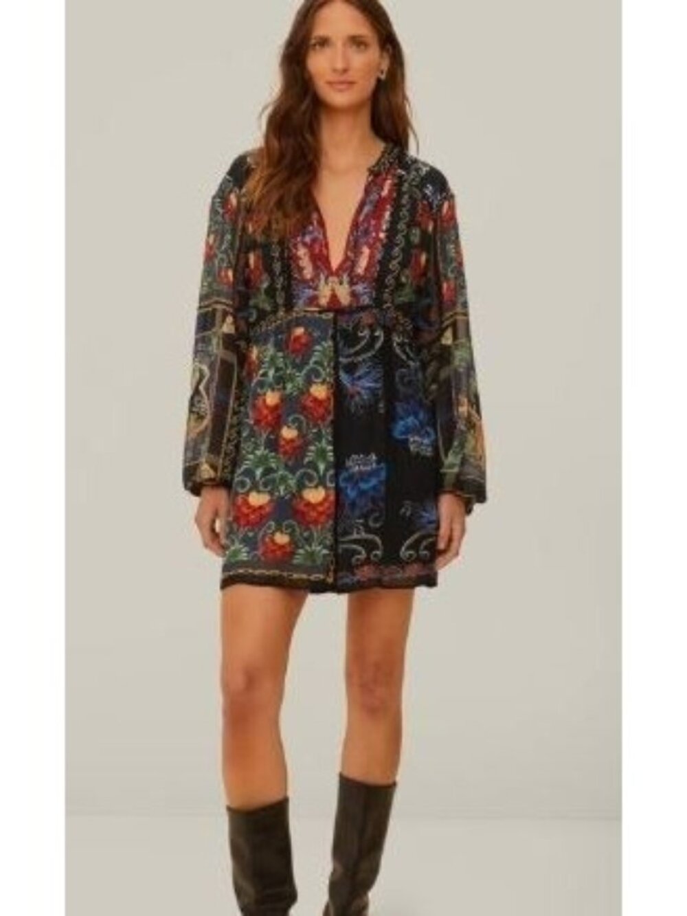 FARM Rio Mixed Arabesque Scarves Long Sleeve Mini Dress Small Black Floral Boho